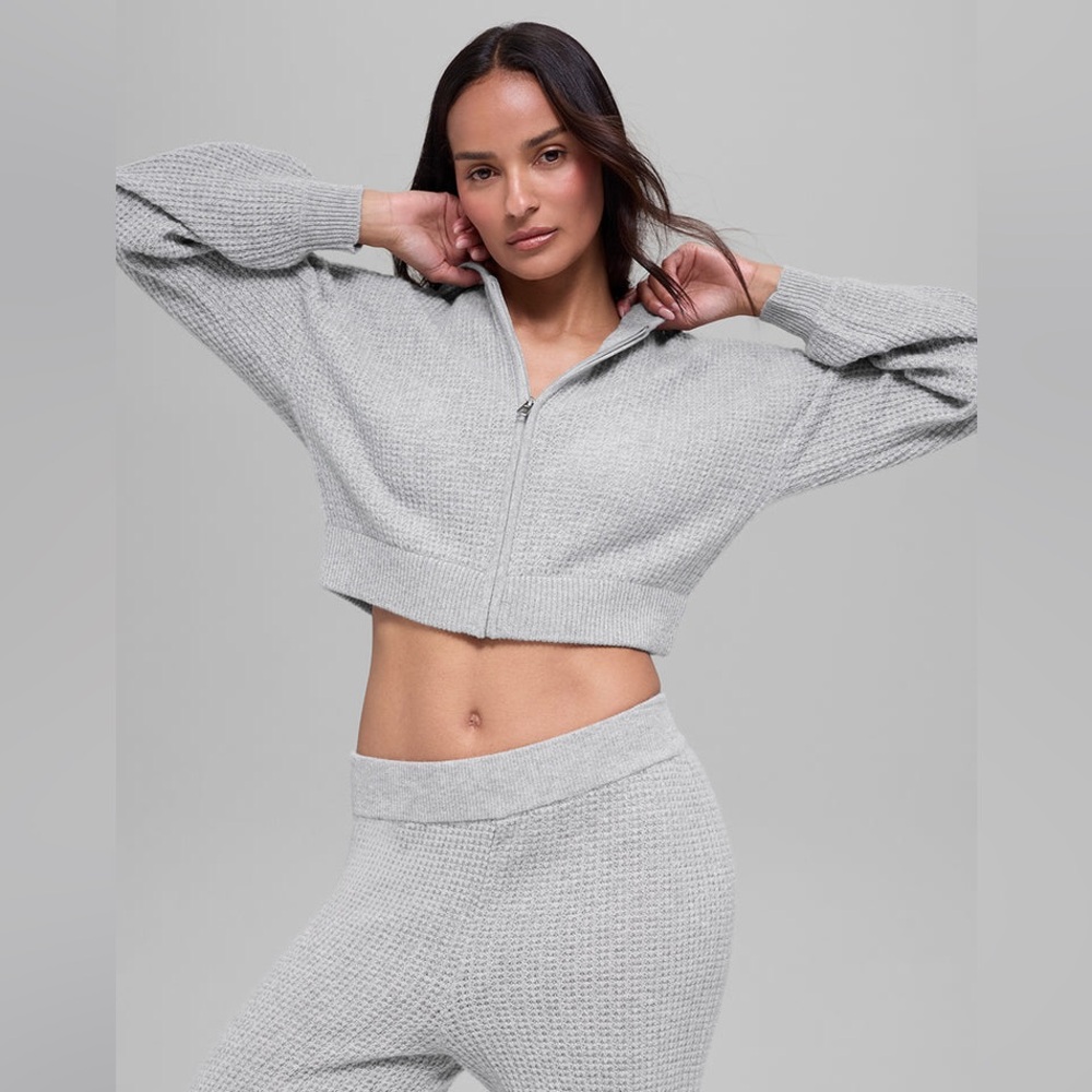 ALO Yoga Light Gray Cashmere Waffle-Knit Zip Hoodie Sweater Size XS